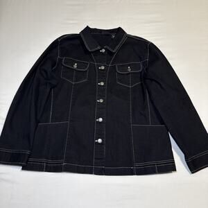 Chicos 2 Black Denim Jean Jacket White Stitch Button Down Womens Size Large NWOT